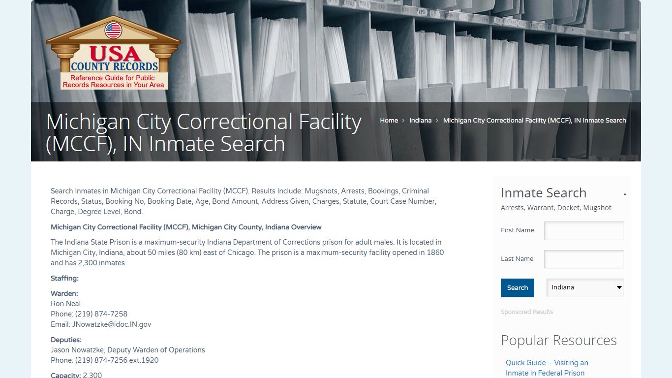 Michigan City Correctional Facility (MCCF), IN Inmate Search